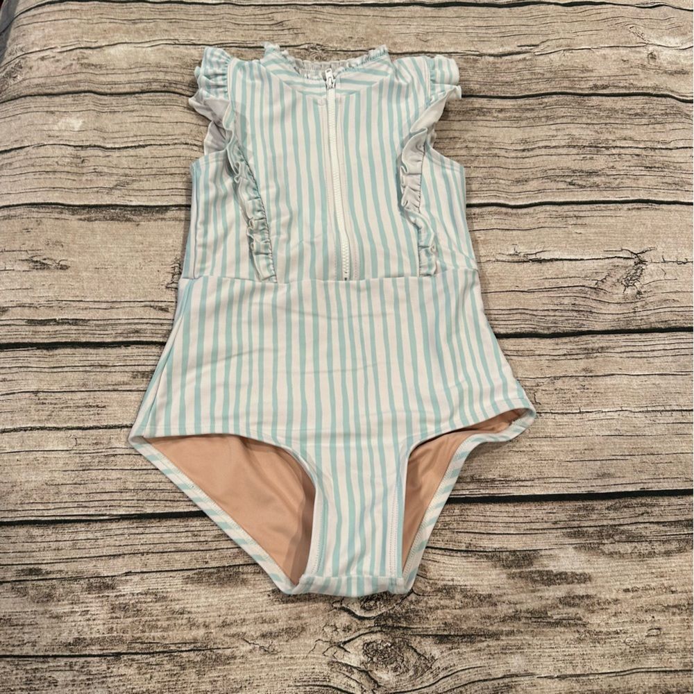 Girls’ Mott50 One Piece Swimsuit; Front Half Zip; Light Green Stripes Si…